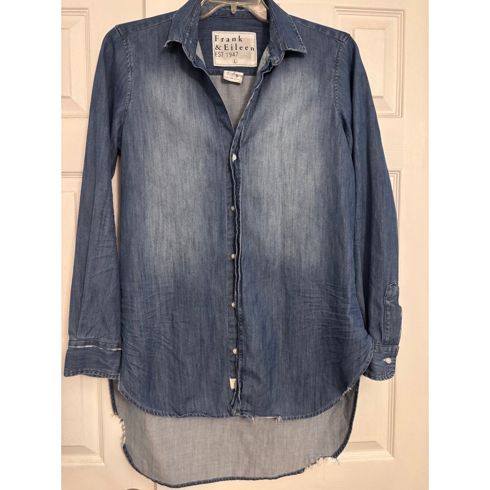 Frank & Eileen Grayson Blue Denim Button Down Shirt High Low Raw Hem Large